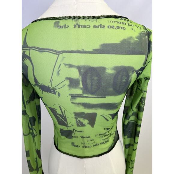 Vintage Y2K Micro Mesh Green Black Print Long sleeve Woman's top Small - Picture 4 of 4
